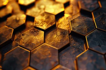Poster - A detailed view of interconnected golden hexagons, ideal for use in business presentations or product displays