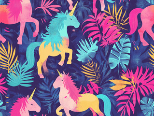 Naklejka na meble Colorful unicorns among tropical leaves on a dark background create a whimsical and magical seamless pattern. Perfect for fantasy themes, children's decor, and fun products.