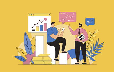 Poster - Business statistic concept with modern flat design for web. Colleagues analyzing data and financial report, discussing presentation with calculating and doing market research. Vector illustration.