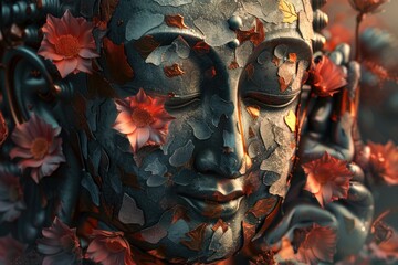 Wall Mural - Close-up view of a statue surrounded by colorful flowers