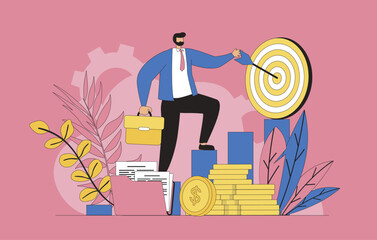 Leinwandbilder - Career opportunities concept with modern flat design for web. Businessman looking for new project and challenge, investing money, increases income, targeting and achieving goals. Vector illustration.