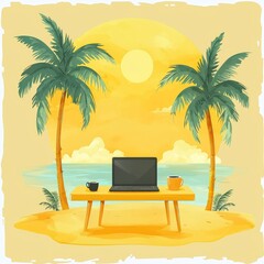 Laptop on a tropical beach with palm trees and coffee