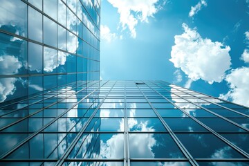 Poster - A tall glass building against a clear blue sky