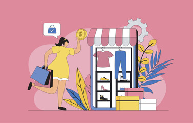 Leinwandbilder - Commerce in mobile app concept with modern flat design for web. Woman looking discounts and deals in online stores, making purchases with safe internet payments, using delivery. Vector illustration.