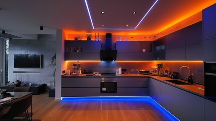 Canvas Print - Create a cozy yet stylish kitchen with a small TV screen and LED strips installed above and below the