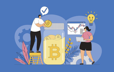 Fototapete - Cryptocurrency investment concept with modern flat design for web. Man and woman analyzing stock data, buys bitcoins, increases digital money income, developing crypto business. Vector illustration.