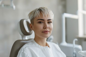 Sticker - A woman sits in a dentist's chair, ready for a dental examination or treatment