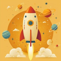 Wall Mural - cartoon rocket launching into space with planets and stars