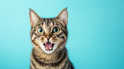 A tabby cat with large, wide eyes and an open mouth expressing surprise, set against a vibrant blue background.