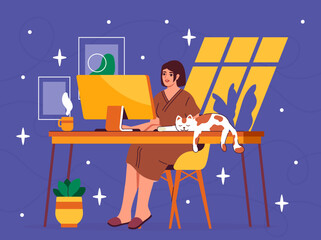 Poster - work from home woman. young girl sitting with computer in apartment. freelancer with online earnings