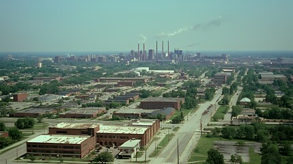 Wall Mural - Aerial view of an industrial cityscape with factories and urban infrastructure.