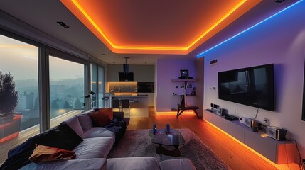 Wall Mural - Design a modern living room with a sleek sofa, a wall-mounted TV, and LED strips integrated along the ceiling