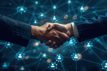 Two business people shaking hands with a digital network of person icons and data points in the background representing technology powered by human interaction for innovative marketing Generative AI