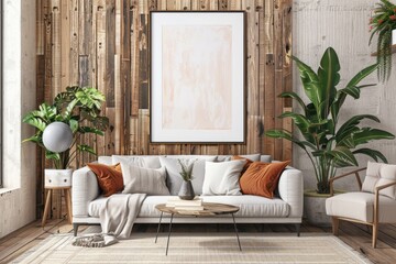 Wall Mural - A warm and inviting living room with comfortable seating, a table, and potted plants