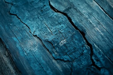 Poster - A closeup view reveals a weathered wooden surface with cracks and peeling layers, featuring worn blue tones that emphasize its unique character and age