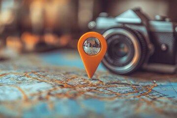 A closeup view of a map highlighted by a distinctive geolocation pin, emphasizing themes of travel and exploration against a blurred background