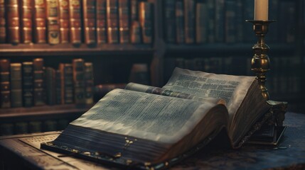 Poster - A single open book resting on a wooden table, suitable for educational or office settings