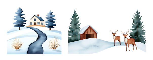 Wall Mural - Snow-covered winter landscape with a cozy house, a wooden shed, and two reindeer in the foreground. Perfect for holiday-themed projects.