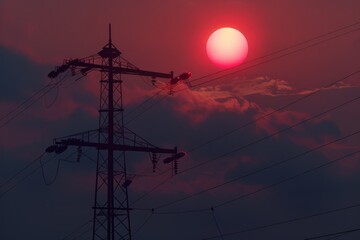 Poster - Sunset behind power lines with a warm glow