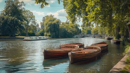 Poster - A group of boats floating on the surface of a river