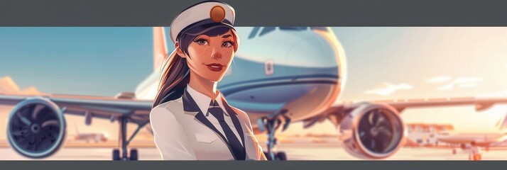 Poster - The flight attendant smiles proudly in her uniform next to a large airplane, capturing the essence of air travel during a vibrant sunset. Generative AI