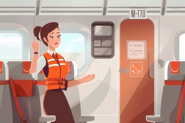 Aufkleber - A flight attendant is showing safety protocols while standing inside the airplane cabin, ensuring passenger awareness and compliance. Generative AI