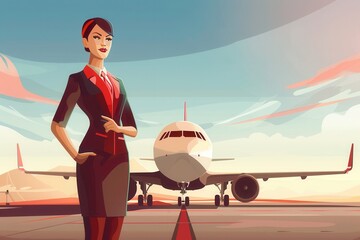 Poster - A flight attendant poses confidently as a plane prepares for departure at the airport in the warm glow of sunset. Generative AI