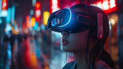 Poster - Illustrate the seamless integration of VR technology with AI animations and spinning holograms in a futuristic setting.