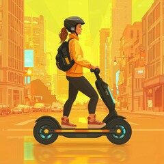 Woman Riding Electric Scooter in City Street