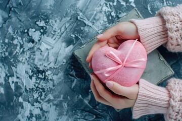 Poster - A person grasping a bright pink heart in their hands, conveying love and affection