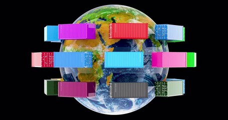 Poster - Cargo containers rotating around Earth Globe, animation seamlessly loopable. 3D rendering isolated on transparent background