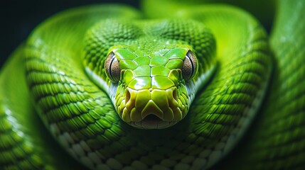 A close-up view of a dangerous green snake, capturing its intricate scales and intense gaze. The image emphasizes the snake’s menacing presence and detailed texture.