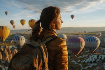 Wall Mural - A woman enjoying the scenery of hot air balloons in a beautiful landscape