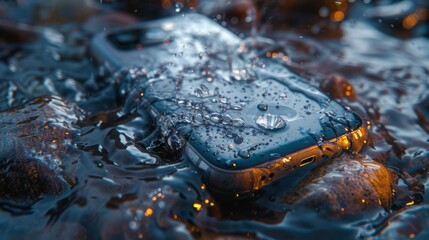 Canvas Print - Paint a scene of a broken smartphone submerged in water, with droplets cascading off its damaged surface and short-circuiting its