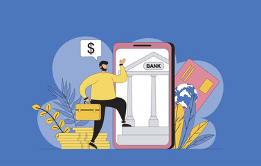Aufkleber - Mobile banking concept with modern flat design for web. Man using personal bank account in mobile app, making online payments and financial transactions, managing his budget. Vector illustration.