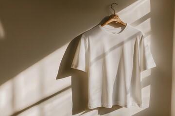 Poster - A casual setting features a plain white t-shirt hanging on a wooden hanger, illuminated by gentle sunlight creating soft shadows