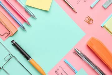 Poster - A collection of pens, paper clips, sticky notes, and other office supplies is beautifully organized on a vibrant pink and blue surface