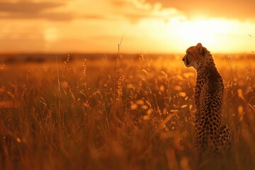 Poster - A cheetah sitting in tall grass at sunset, great for wildlife or nature scenes