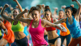 group of young women in sportswear practicing aerobics, zumba