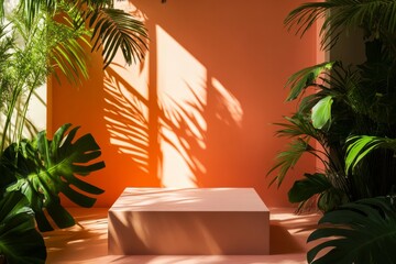 Poster - A low-angle view reveals a stylish podium enveloped by lush plants and geometric shapes, illuminated by vibrant daylight streaming through