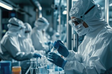 Poster - A group of people working together in a laboratory setting with various equipment and experiments