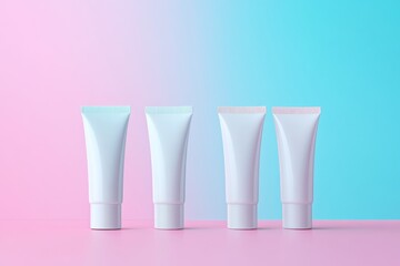 Poster - Four white cosmetic tubes are neatly aligned against a soft pastel background, showcasing their sleek design in a bright and inviting display
