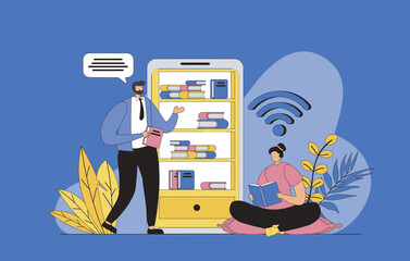 Leinwandbilder - Online library concept with modern flat design for web. Man and woman reading e-books, storing digital books in cloud storage and mobile app, buying textbooks in online bookstore. Vector illustration.