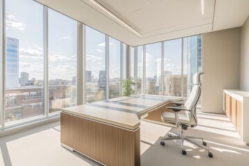 Poster - The picture captures a bright, modern office with a large desk and ergonomic chair, accentuated by expansive windows showcasing a vibrant city landscape