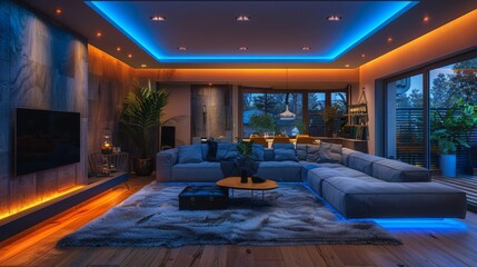 Wall Mural - The captivating ambiance of a modern basement adorned with LED strips, creating a captivating visual spectacle that enhances the nighttime