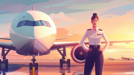 Poster - A flight attendant poses confidently near an airplane on the tarmac as the sun sets, showcasing the beauty of the aviation world. Generative AI
