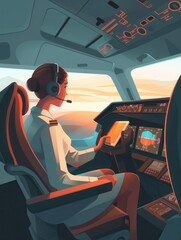 Poster - The flight attendant is seated in the cockpit, using a tablet to monitor instruments and communicate as the sun sets outside the window. Generative AI