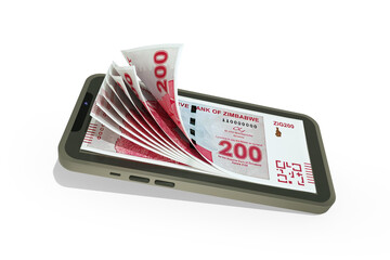 3D rendering of Zimbabwe gold zig notes inside a mobile phone isolated on transparent  background. money coming out of mobile phone
