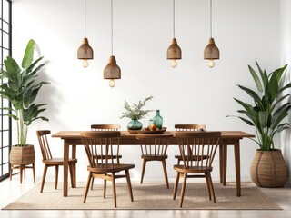 interior 3d rendering of boho style with wooden table and chairs and white walls