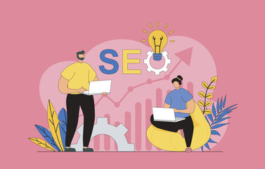 Aufkleber - Seo optimization concept with modern flat design for web. Man and woman making search settings and analyzing site data, changes position of site in ranking, selecting keywords. Vector illustration.